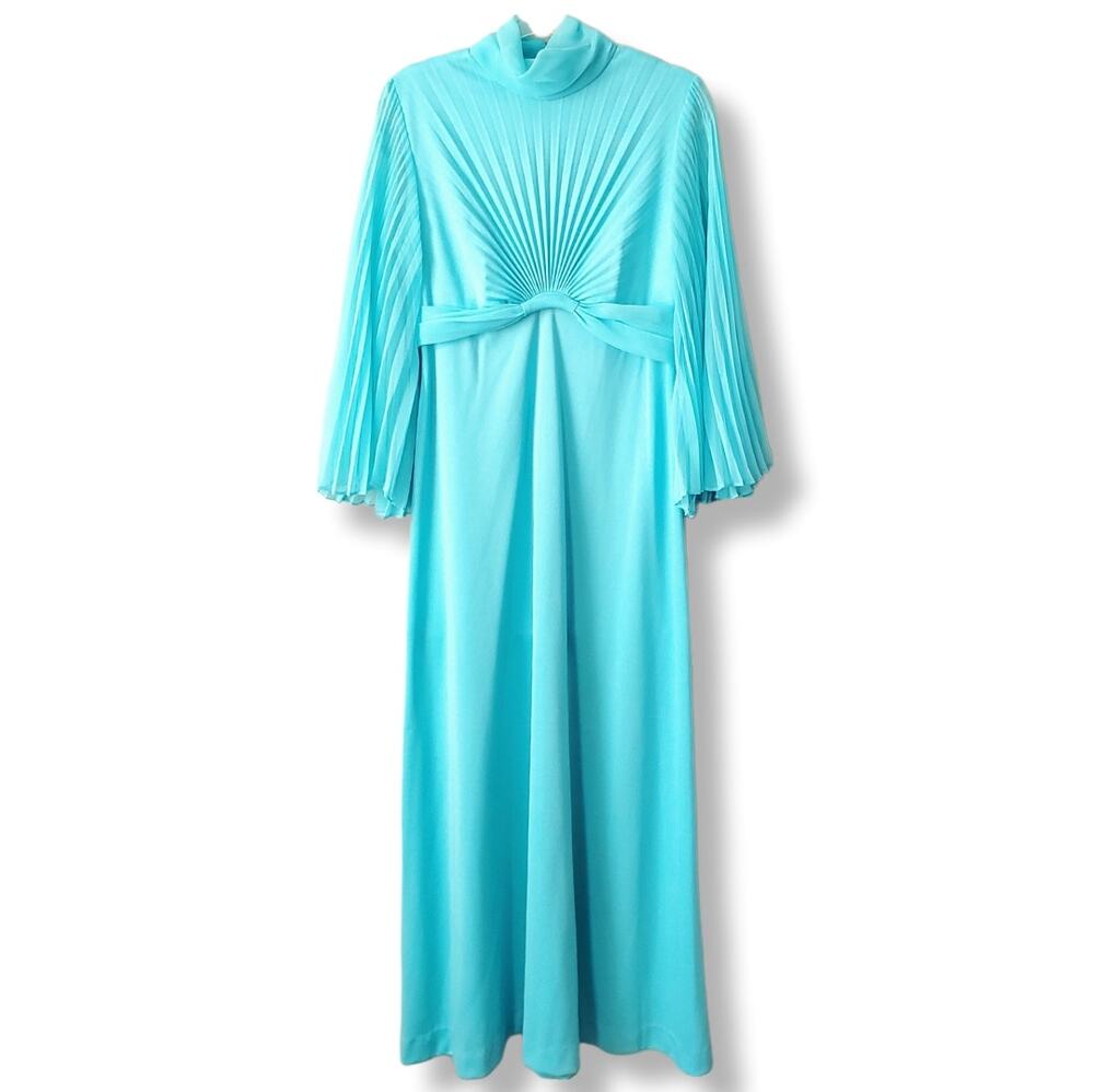 70s Aqua Pleated Chiffon Maxi Dress S Fairy Sleeve Prom Retro Glam Halloween